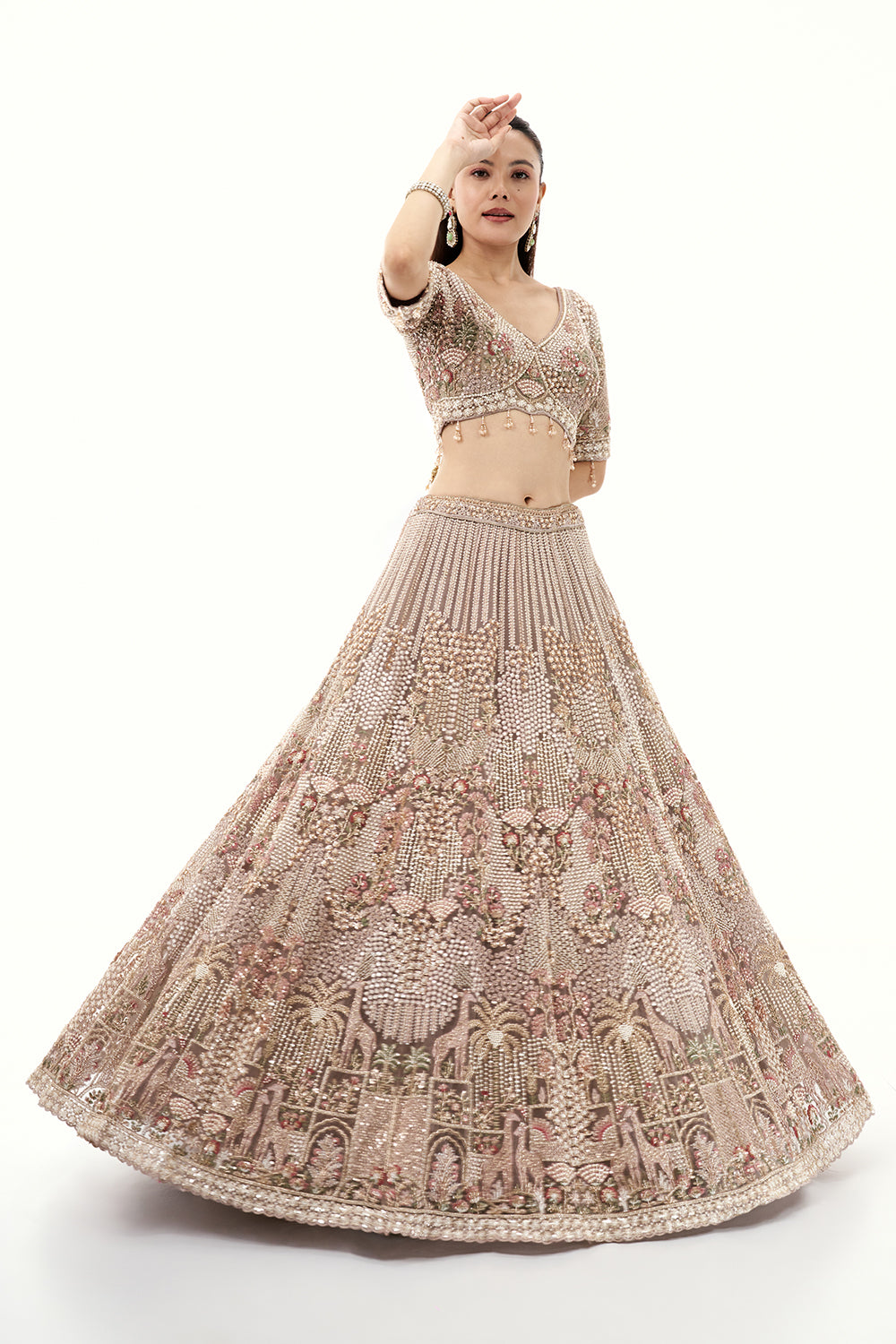 Beige Lehenga with Pearls and Cutdana Embroidery