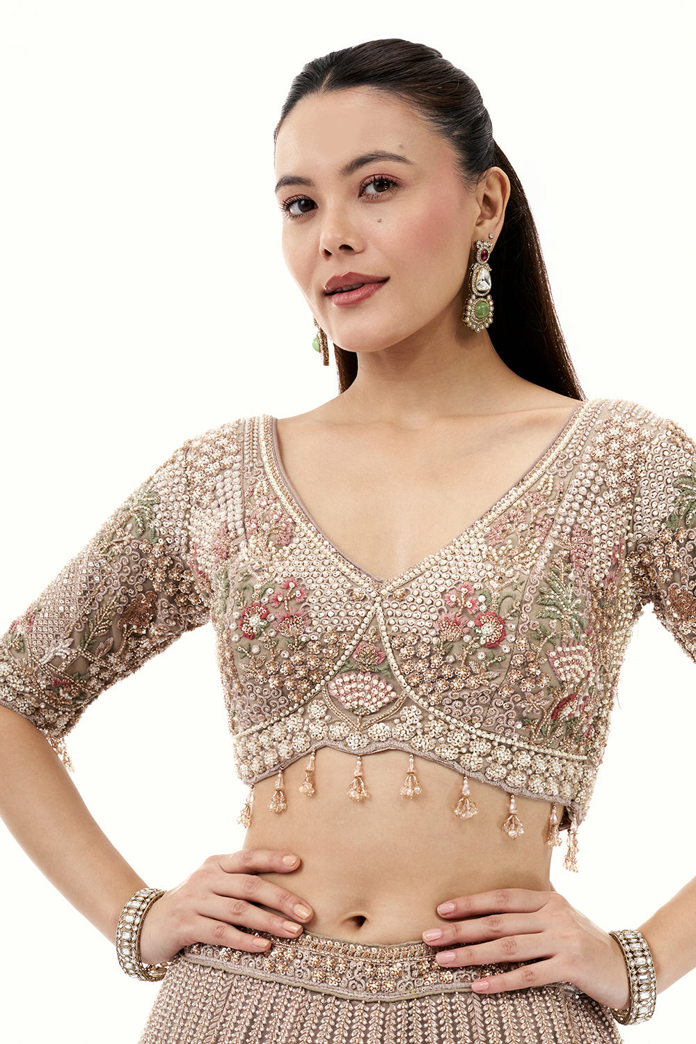 Beige Lehenga with Pearls and Cutdana Embroidery
