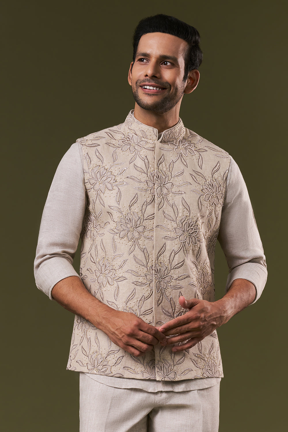 Beige Linen Mens Short Kurta Jacket Set with Sequins and Thread Work