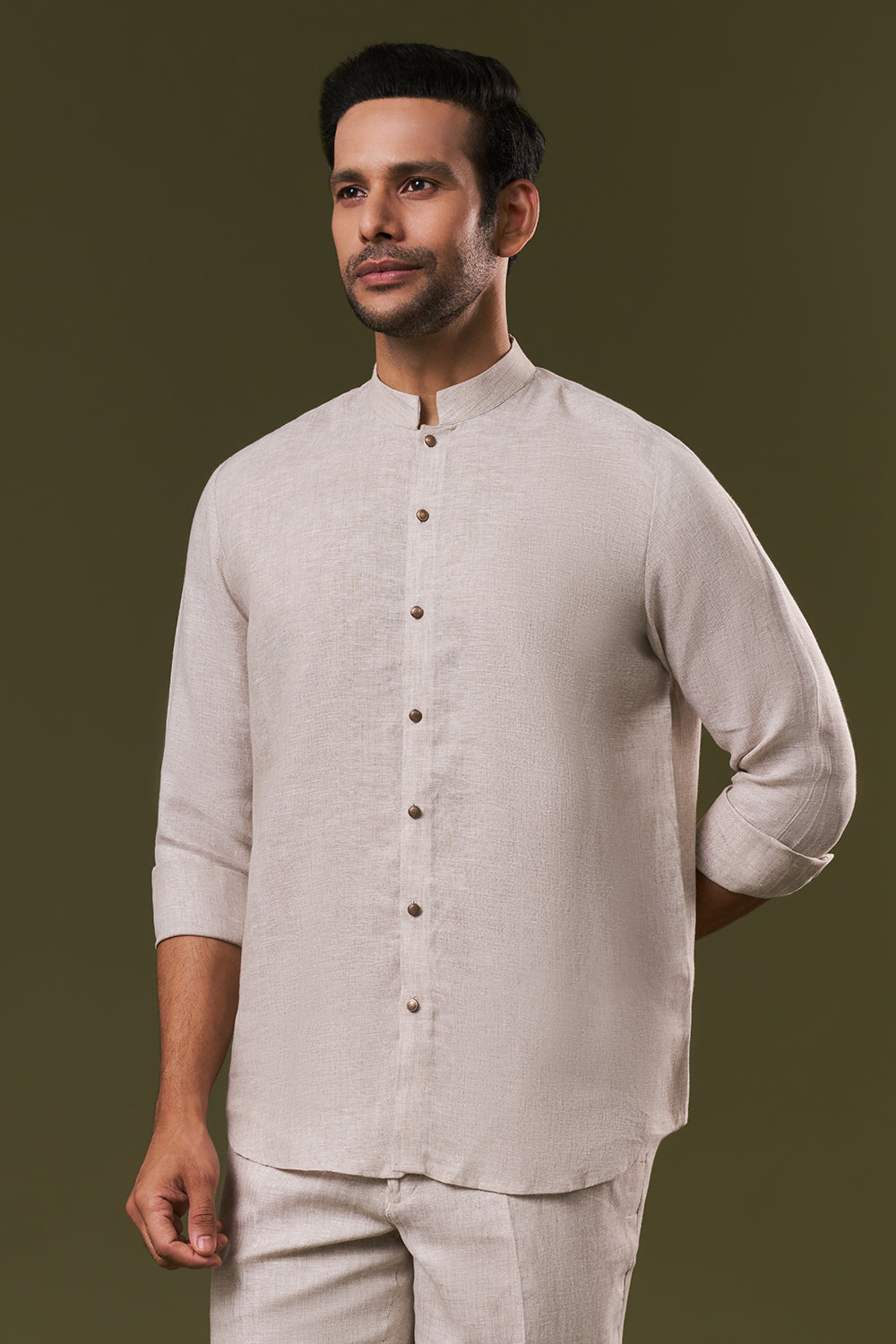 Beige Linen Mens Short Kurta Jacket Set with Sequins and Thread Work