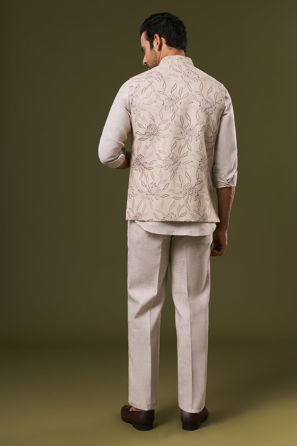 Beige Linen Mens Short Kurta Jacket Set with Sequins and Thread Work