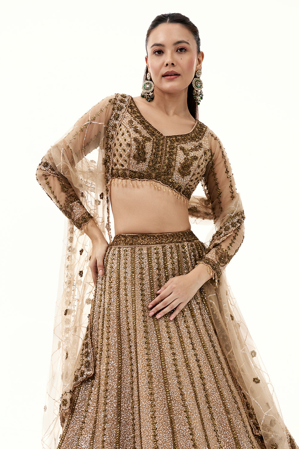 Beige Net Lehenga with Beads and Sequins Embroidery