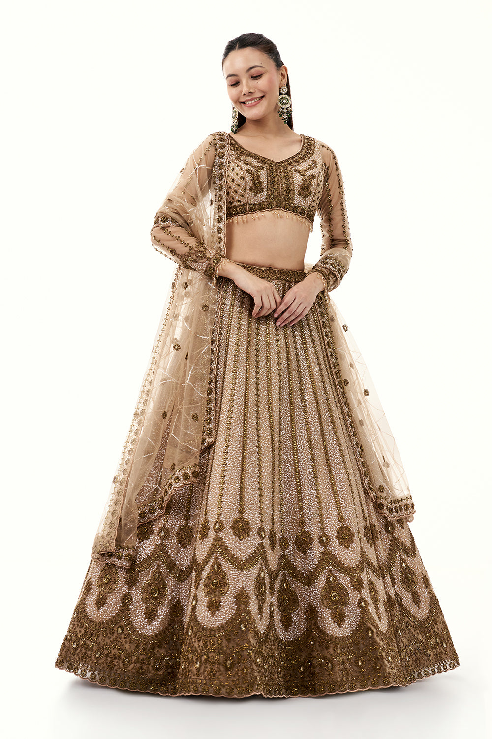 Beige Net Lehenga with Beads and Sequins Embroidery