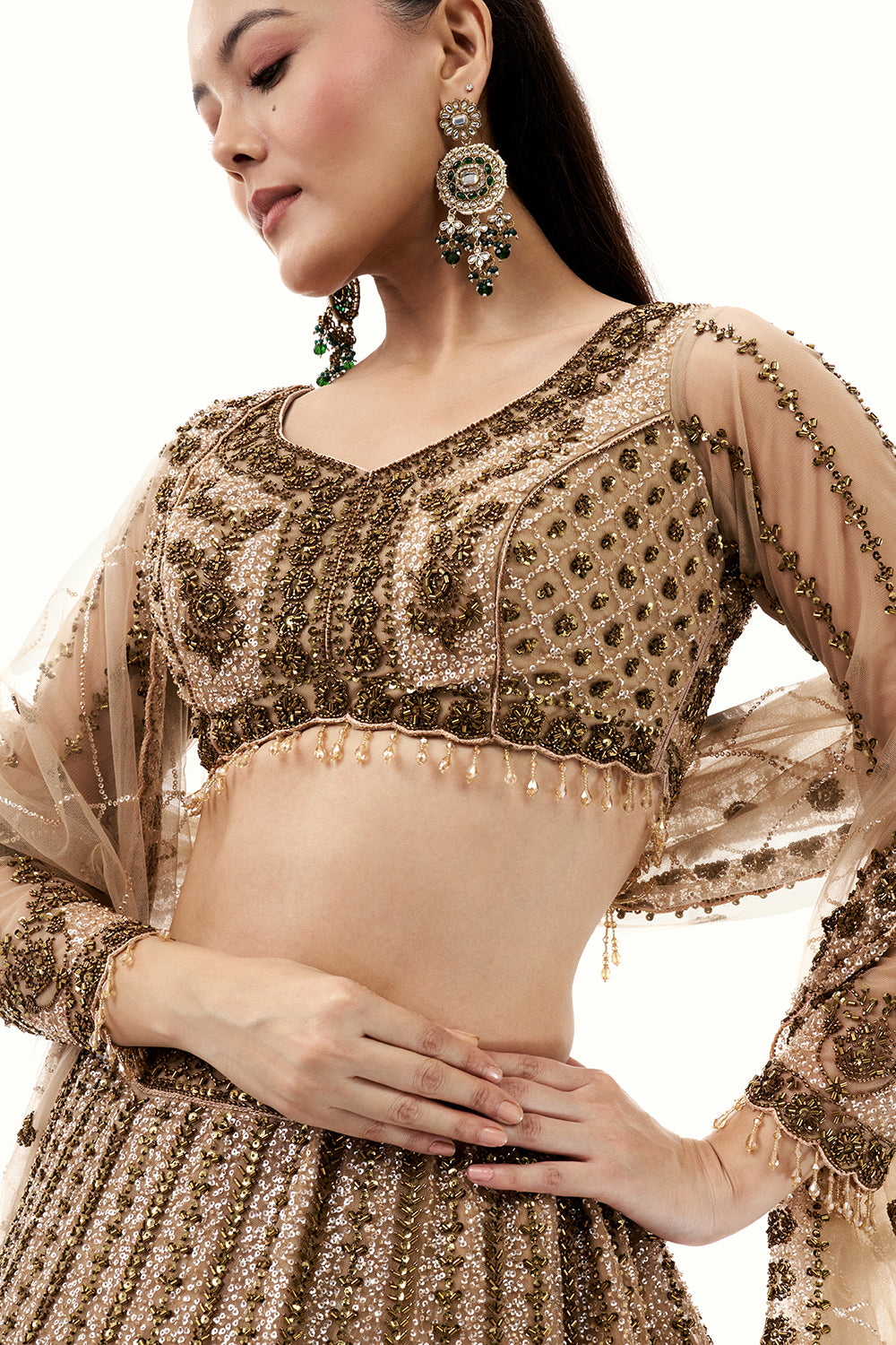 Beige Net Lehenga with Beads and Sequins Embroidery