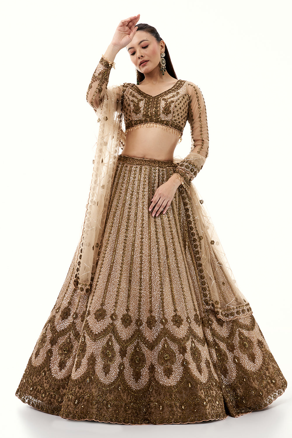 Beige Net Lehenga with Beads and Sequins Embroidery