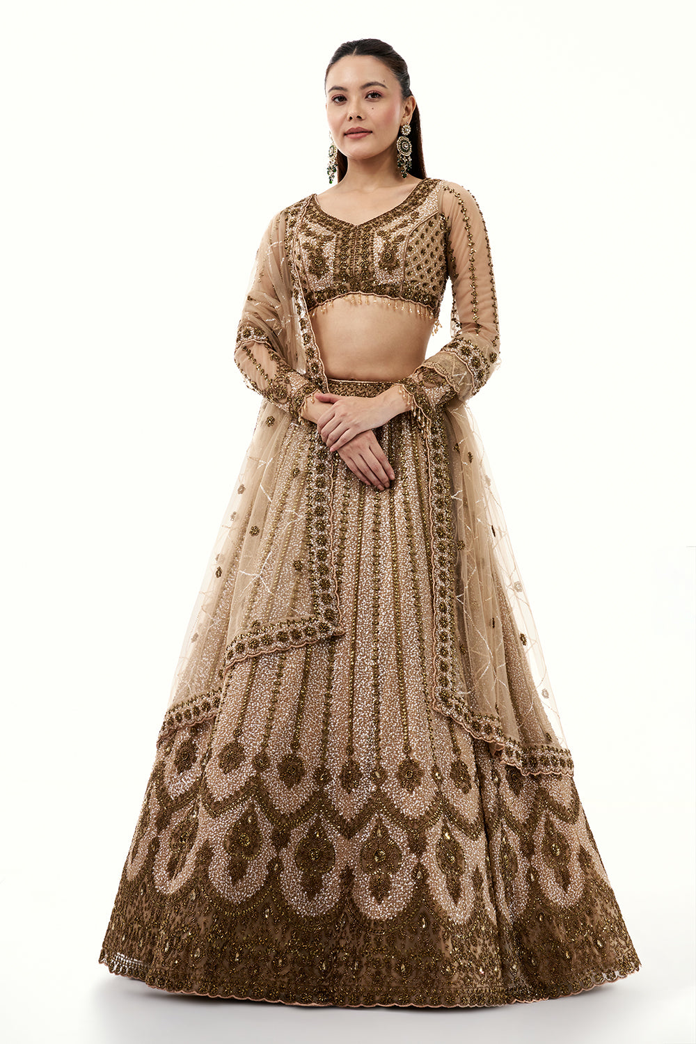 Beige Net Lehenga with Beads and Sequins Embroidery