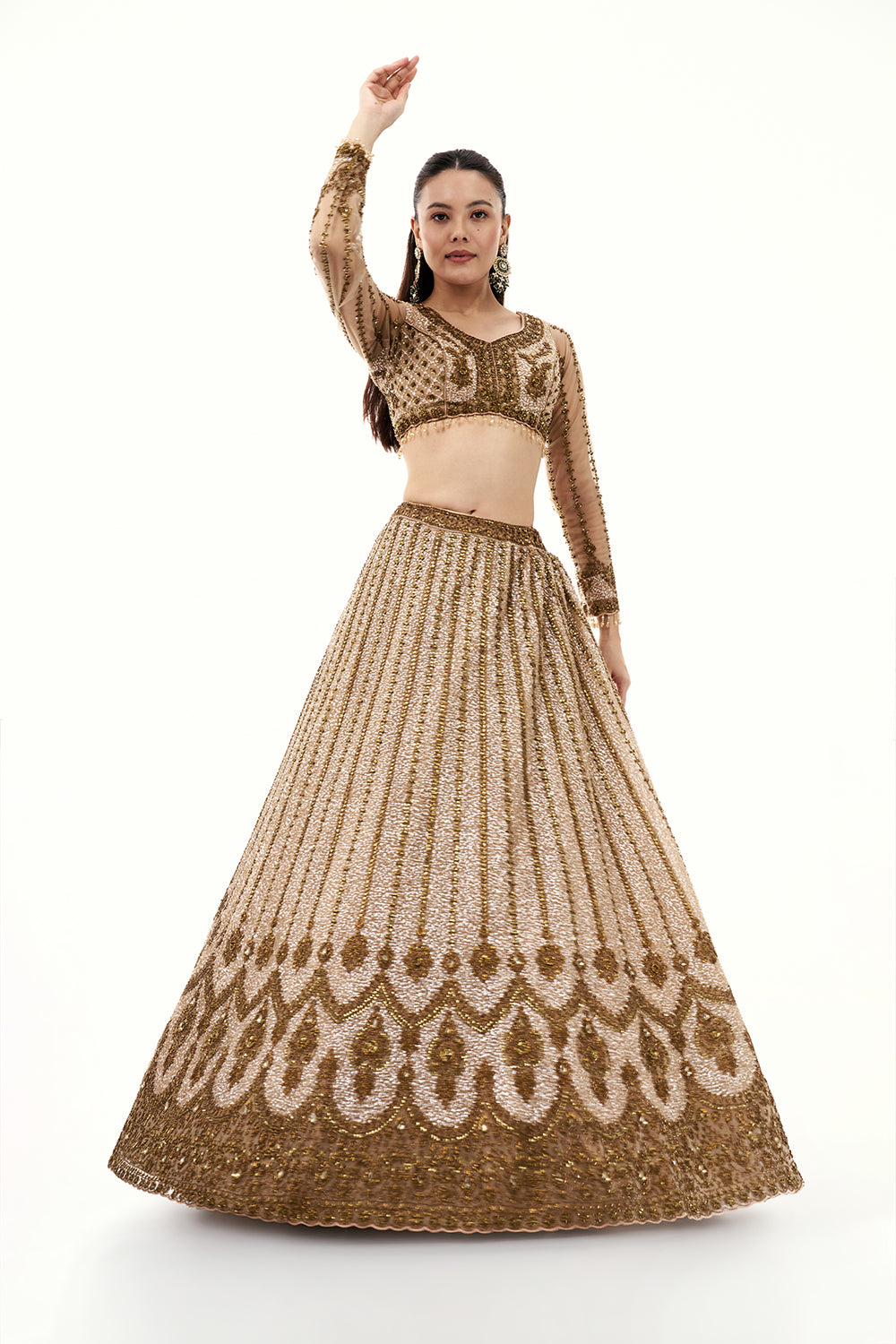 Beige Net Lehenga with Beads and Sequins Embroidery