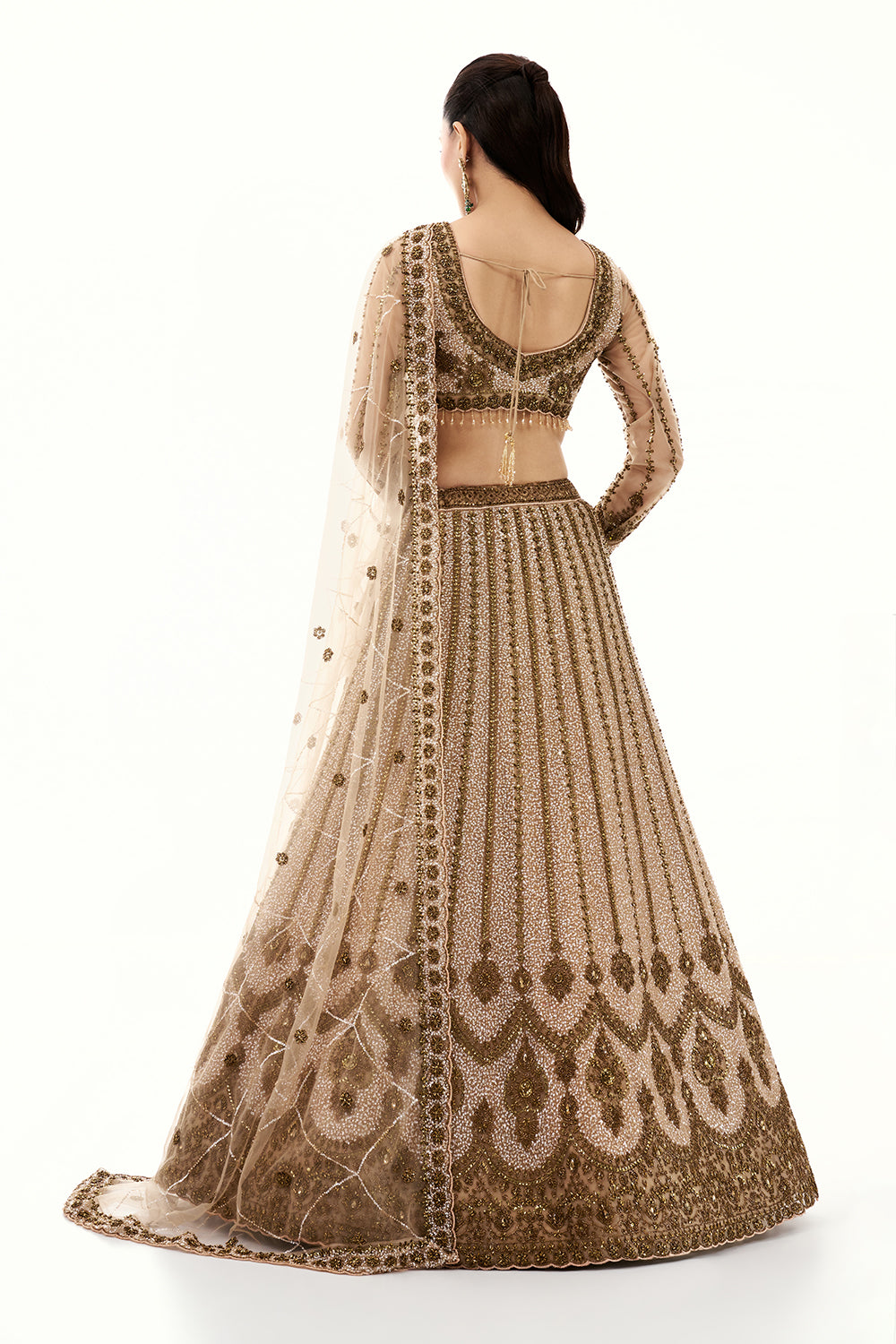 Beige Net Lehenga with Beads and Sequins Embroidery