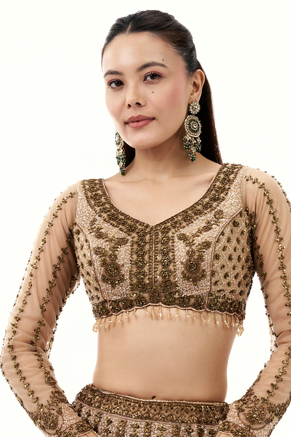 Beige Net Lehenga with Beads and Sequins Embroidery
