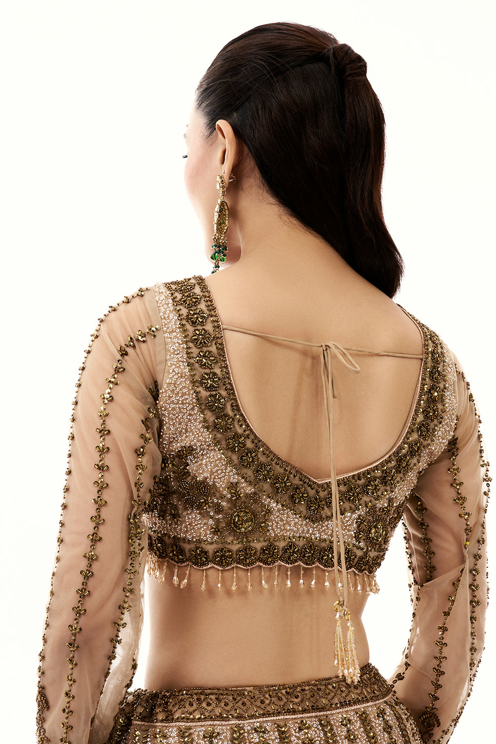 Beige Net Lehenga with Beads and Sequins Embroidery