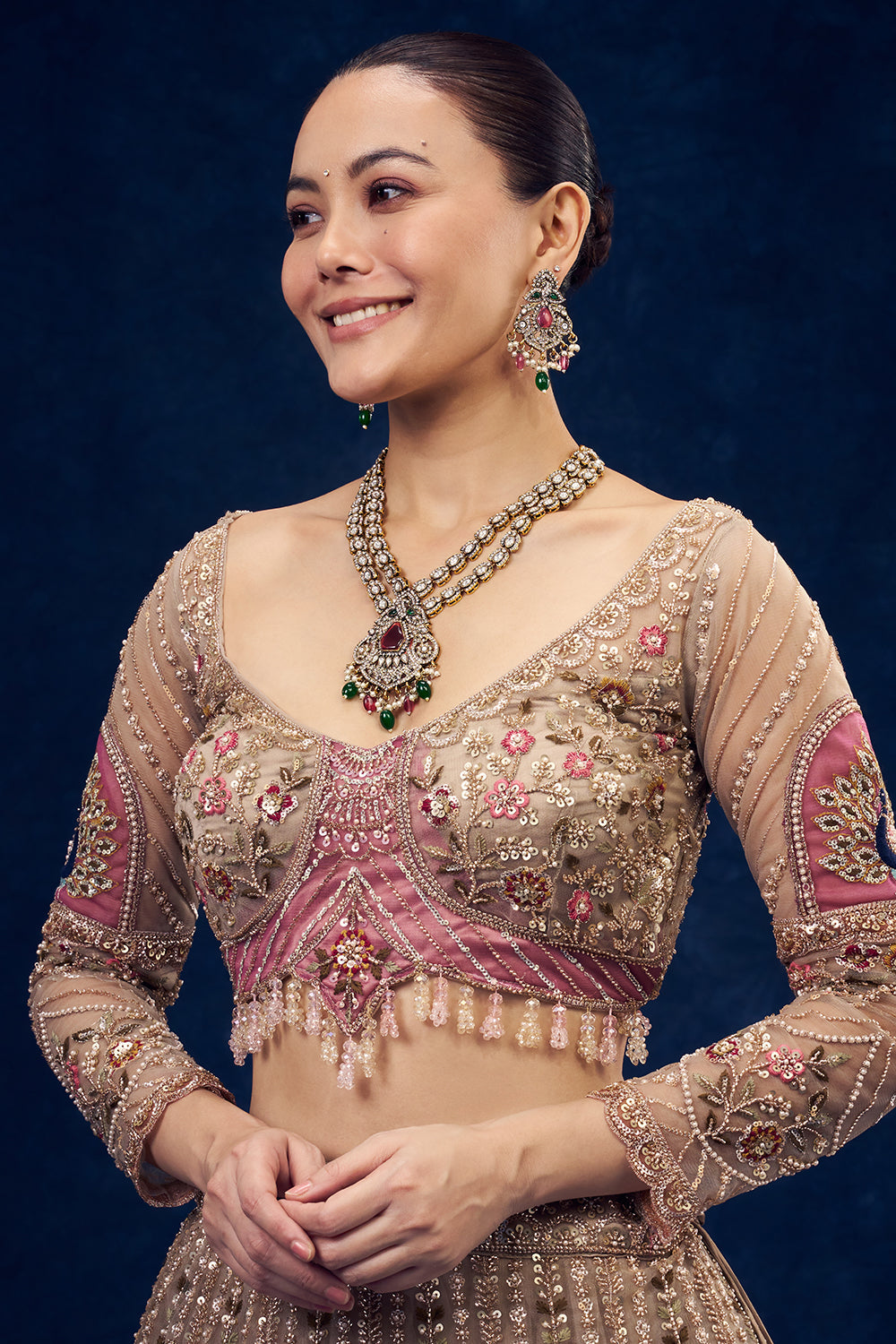 Beige Net Lehenga with Cutdana and Resham Embroidery