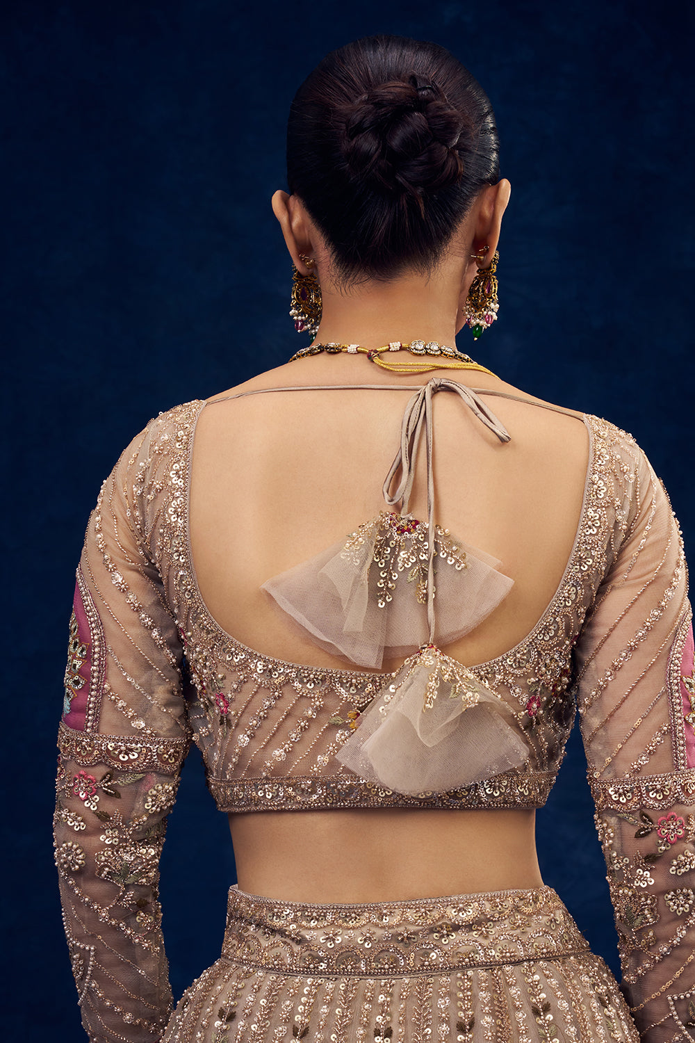 Beige Net Lehenga with Cutdana and Resham Embroidery