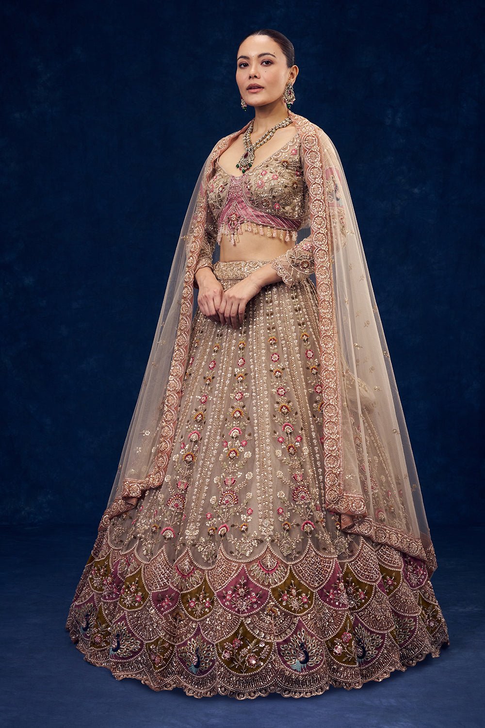 Beige Net Lehenga with Cutdana and Resham Embroidery