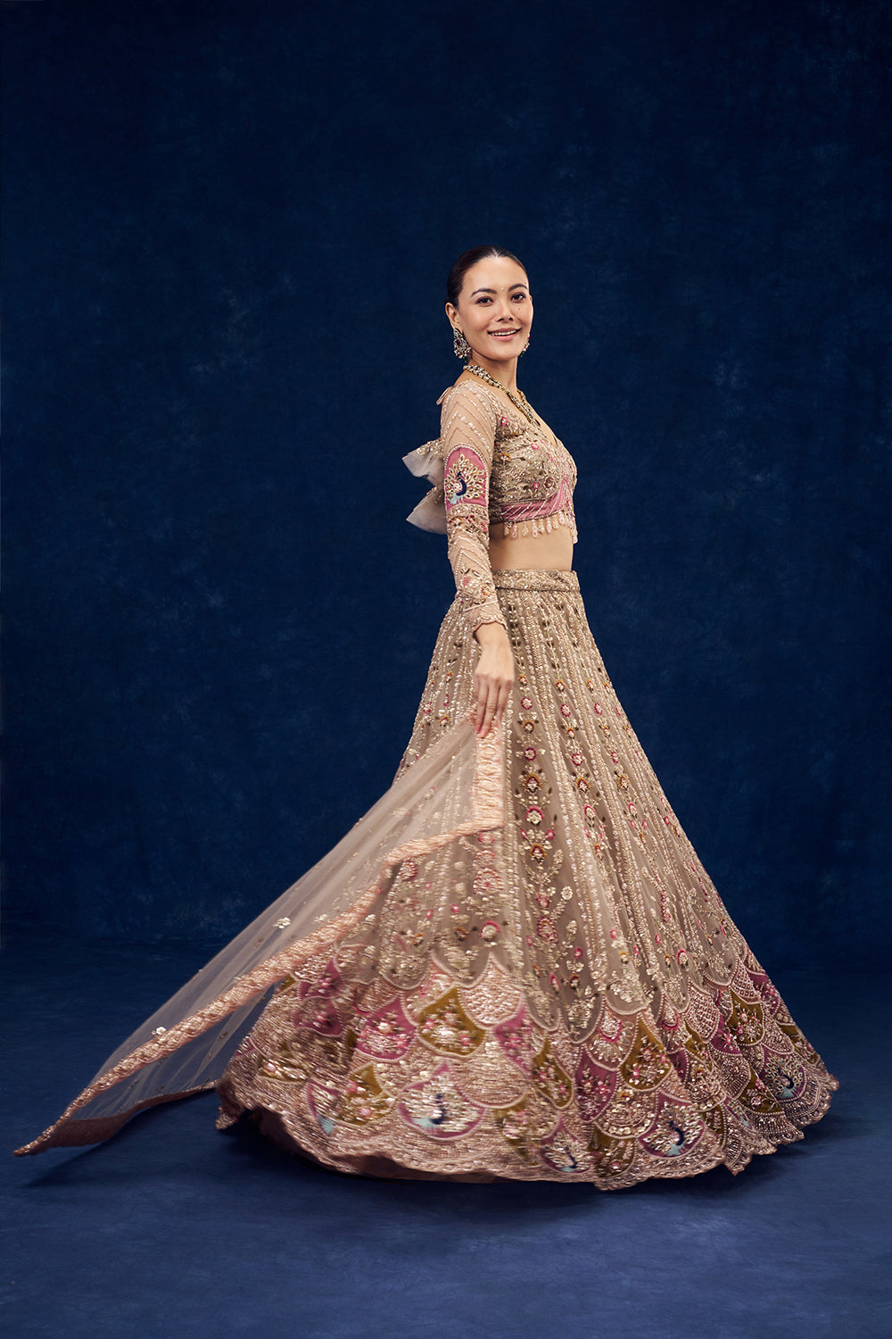 Beige Net Lehenga with Cutdana and Resham Embroidery