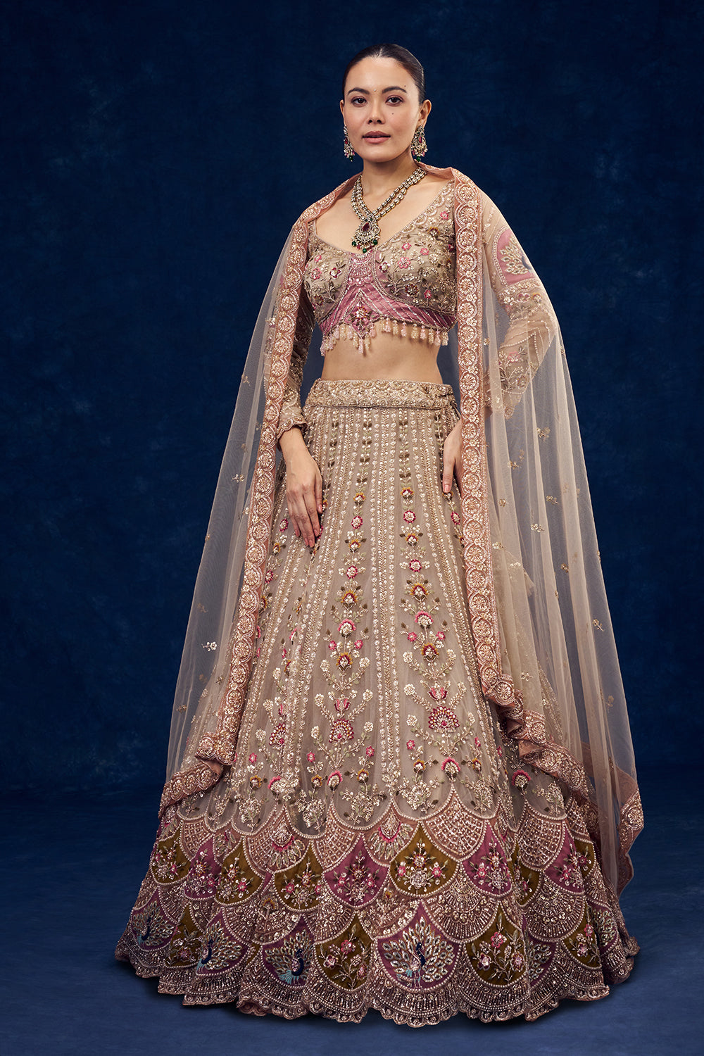 Beige Net Lehenga with Cutdana and Resham Embroidery