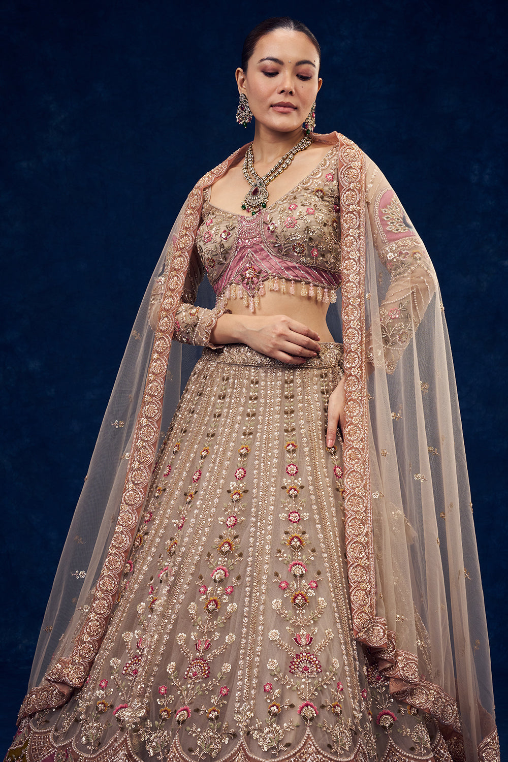 Beige Net Lehenga with Cutdana and Resham Embroidery