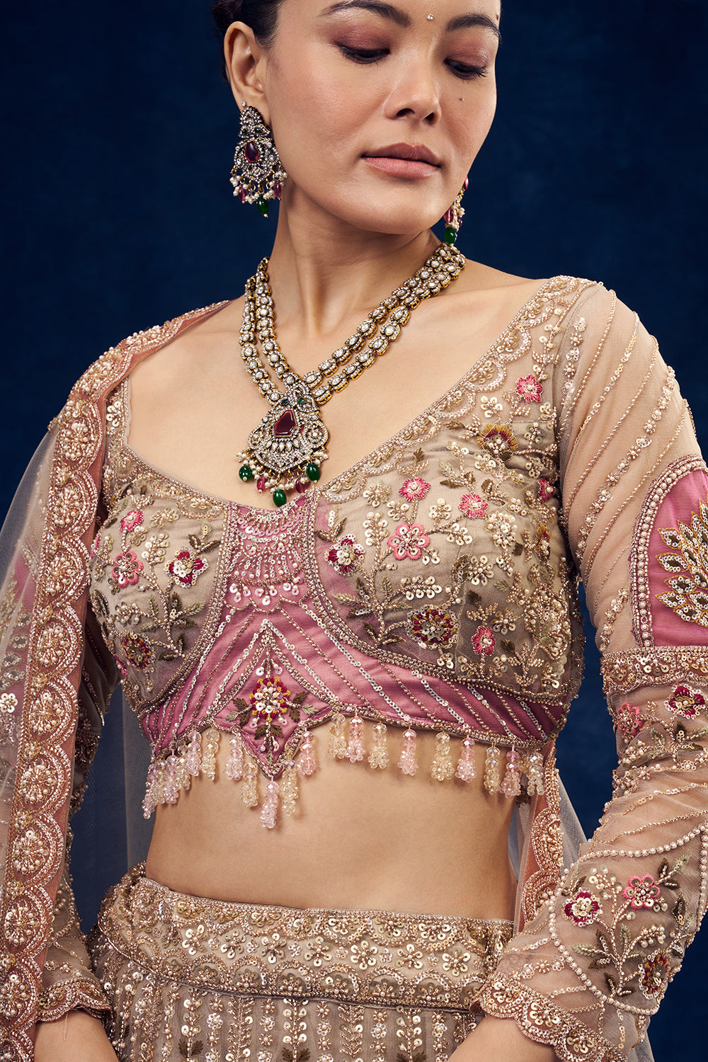 Beige Net Lehenga with Cutdana and Resham Embroidery
