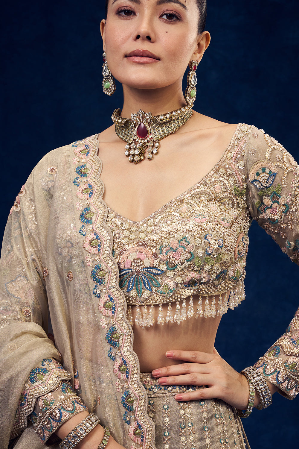 Beige Net Lehenga with Multicolour Resham Embroidery