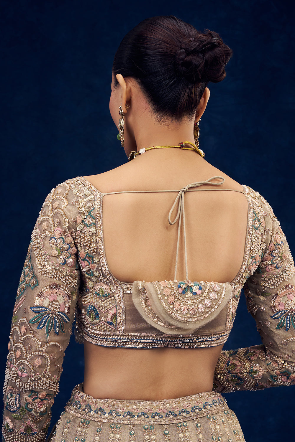 Beige Net Lehenga with Multicolour Resham Embroidery
