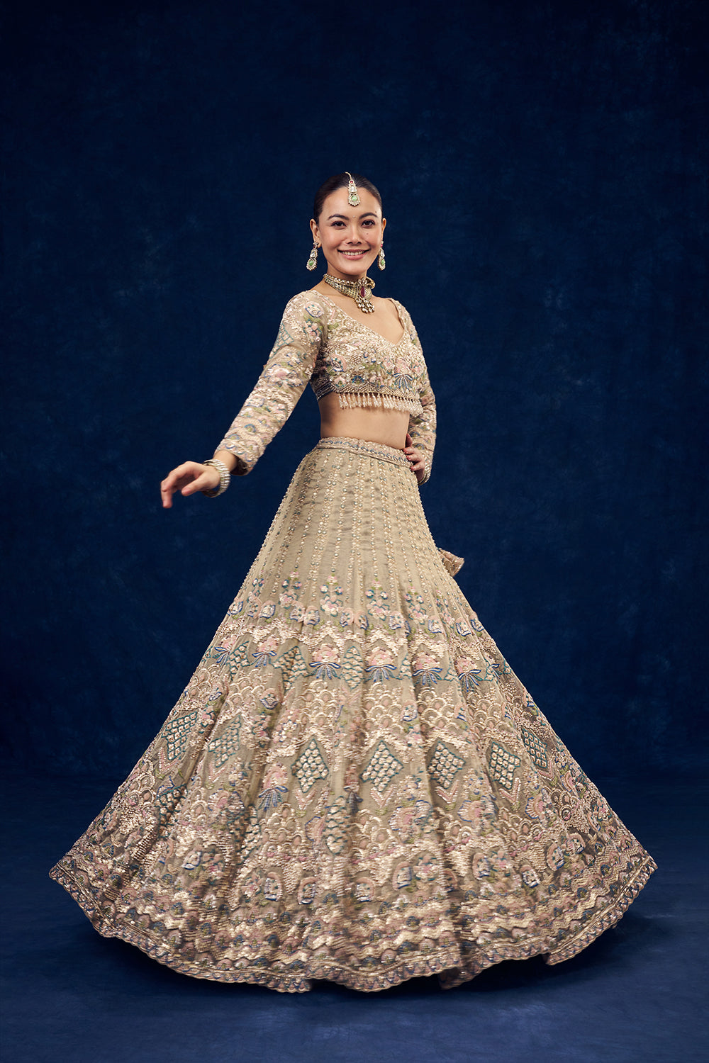 Beige Net Lehenga with Multicolour Resham Embroidery