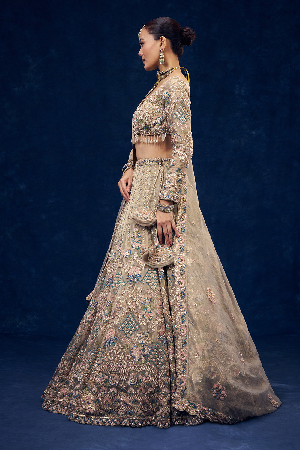 Beige Net Lehenga with Multicolour Resham Embroidery