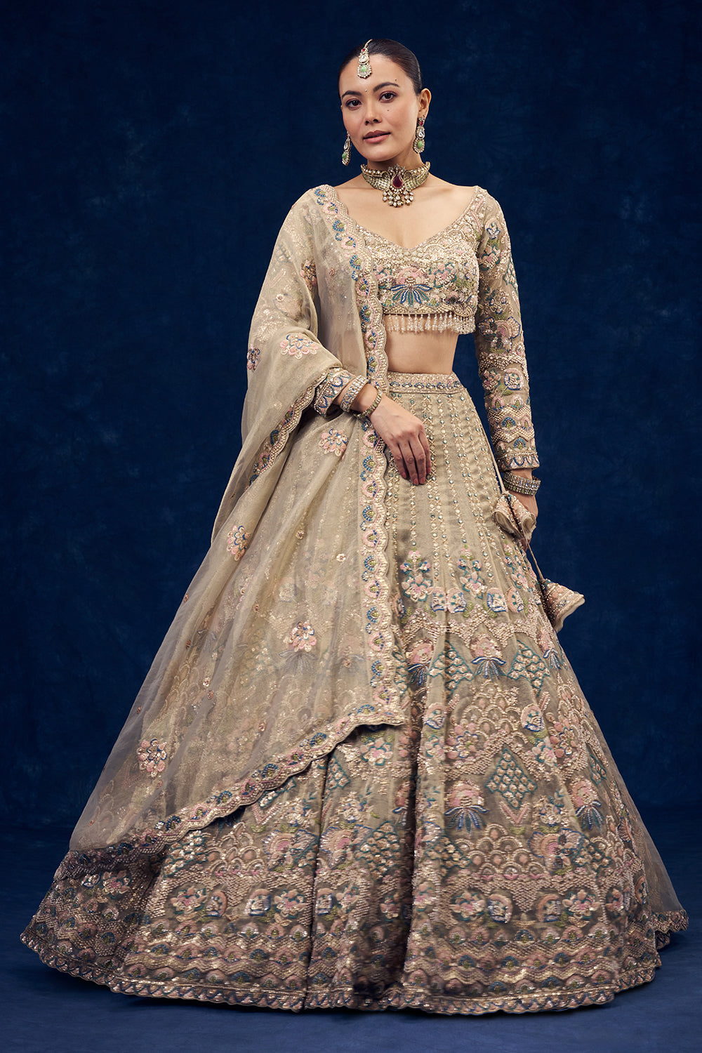 Beige Net Lehenga with Multicolour Resham Embroidery