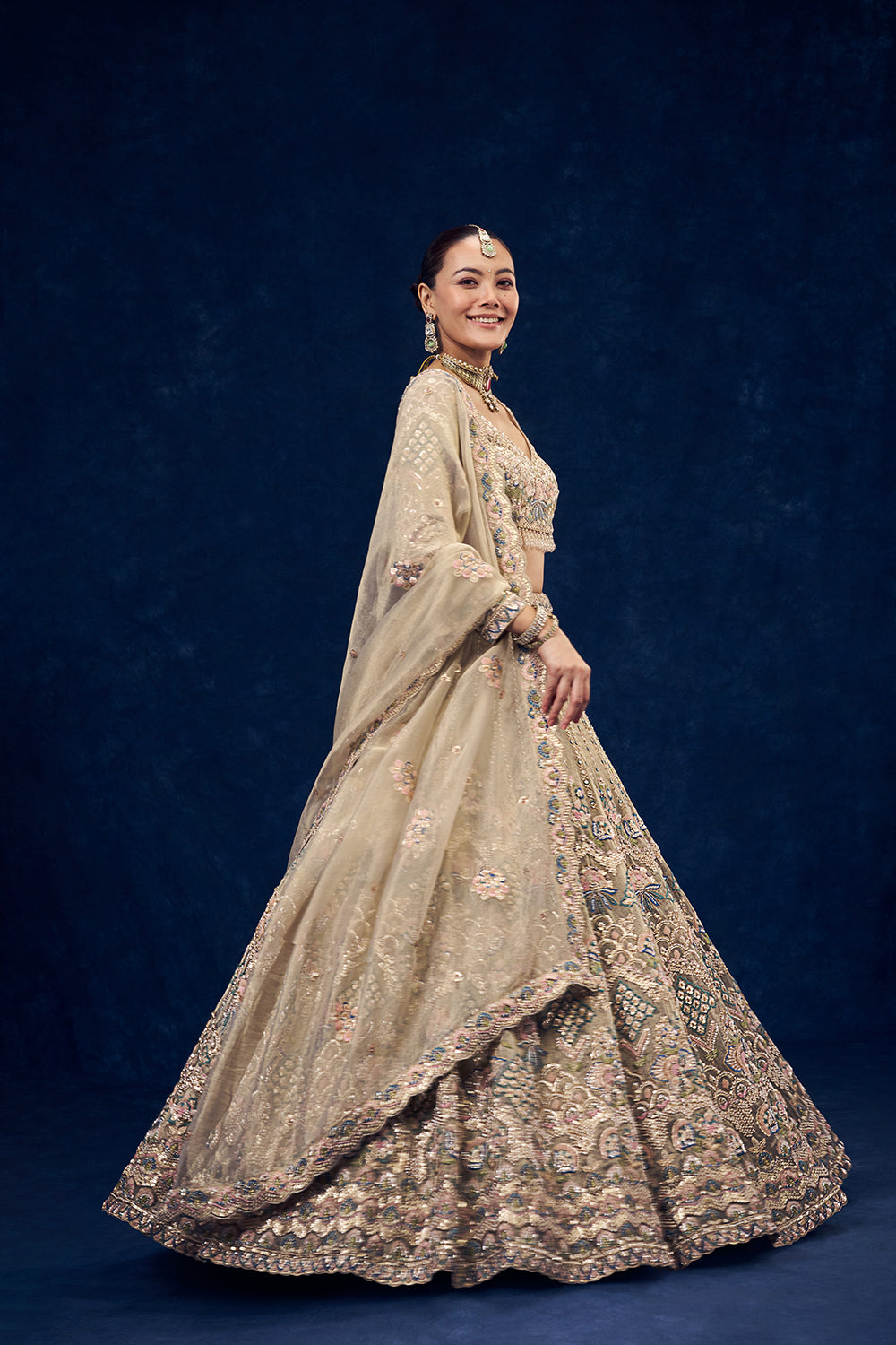 Beige Net Lehenga with Multicolour Resham Embroidery