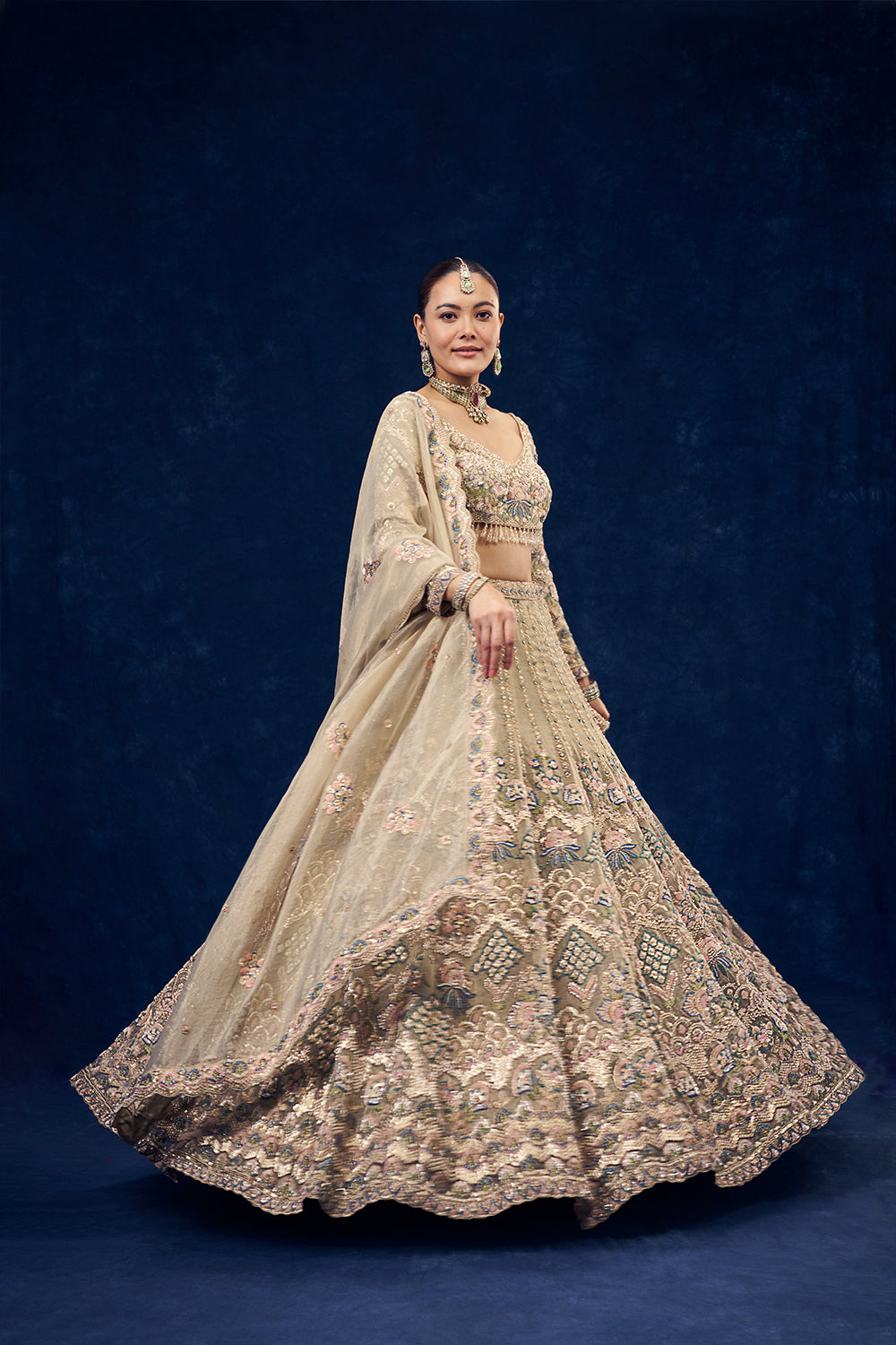 Beige Net Lehenga with Multicolour Resham Embroidery