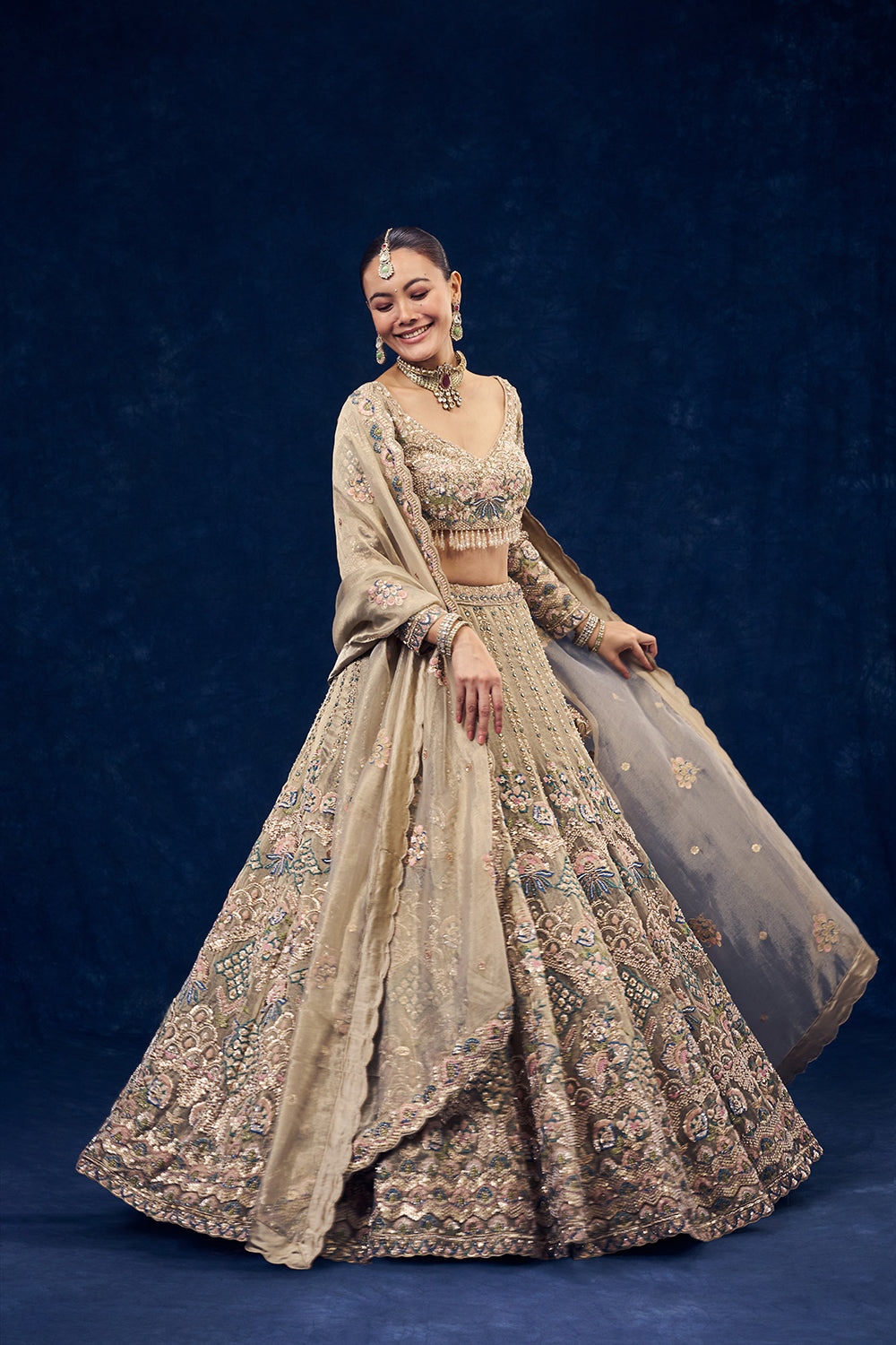 Beige Net Lehenga with Multicolour Resham Embroidery