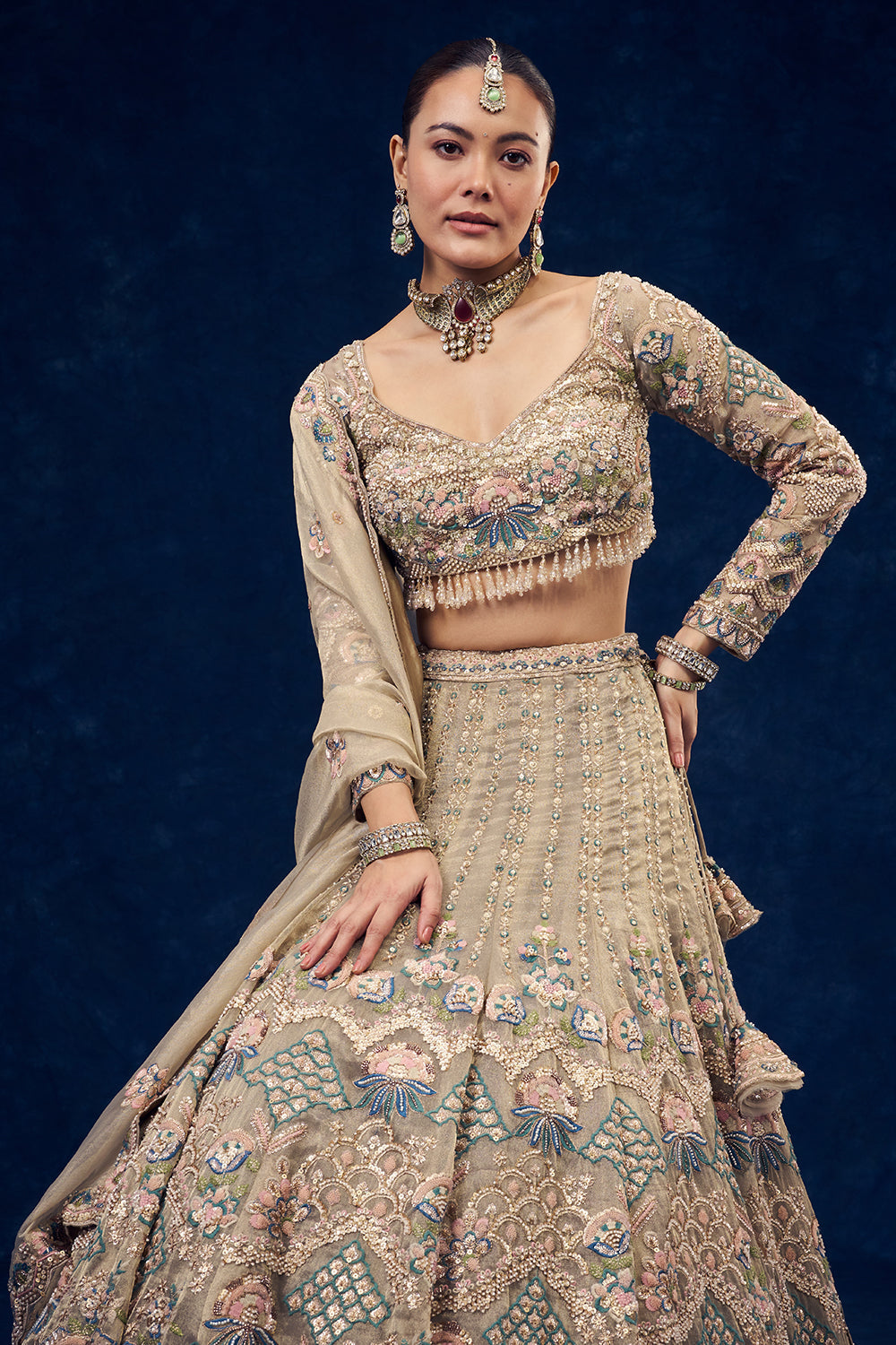 Beige Net Lehenga with Multicolour Resham Embroidery