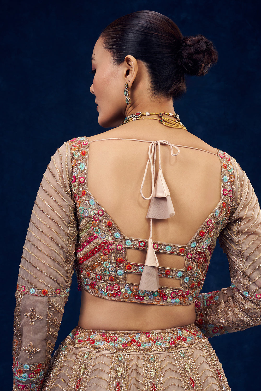 Beige Net Lehenga with Resham and Cutdana Hand Work