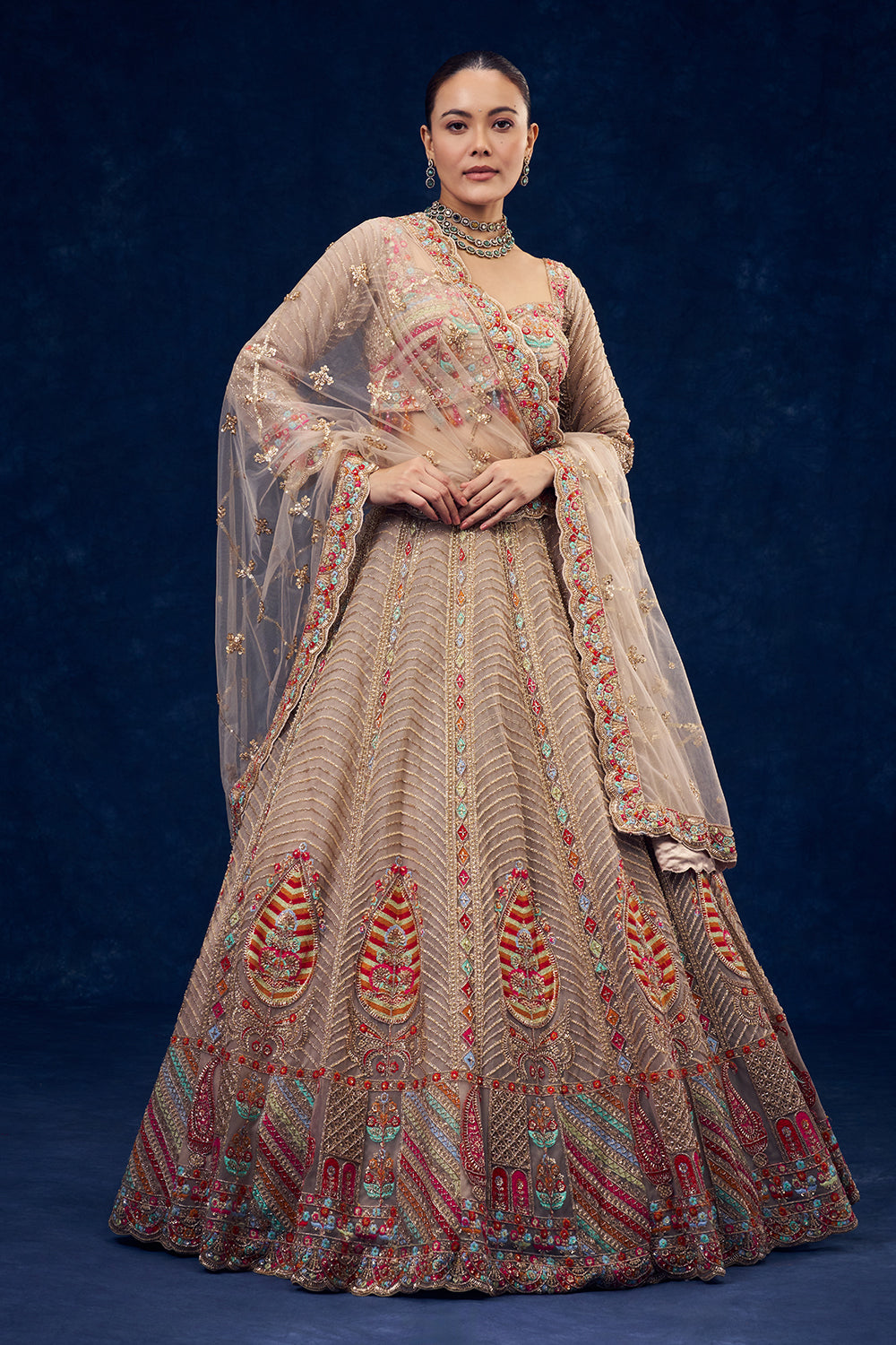 Beige Net Lehenga with Resham and Cutdana Hand Work