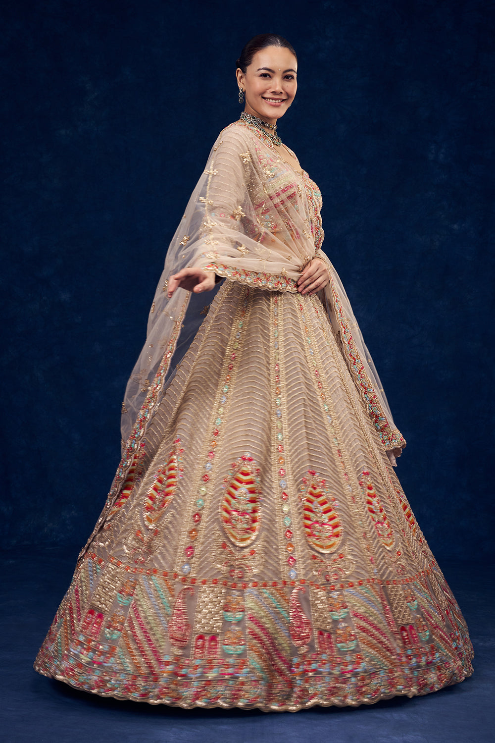 Beige Net Lehenga with Resham and Cutdana Hand Work