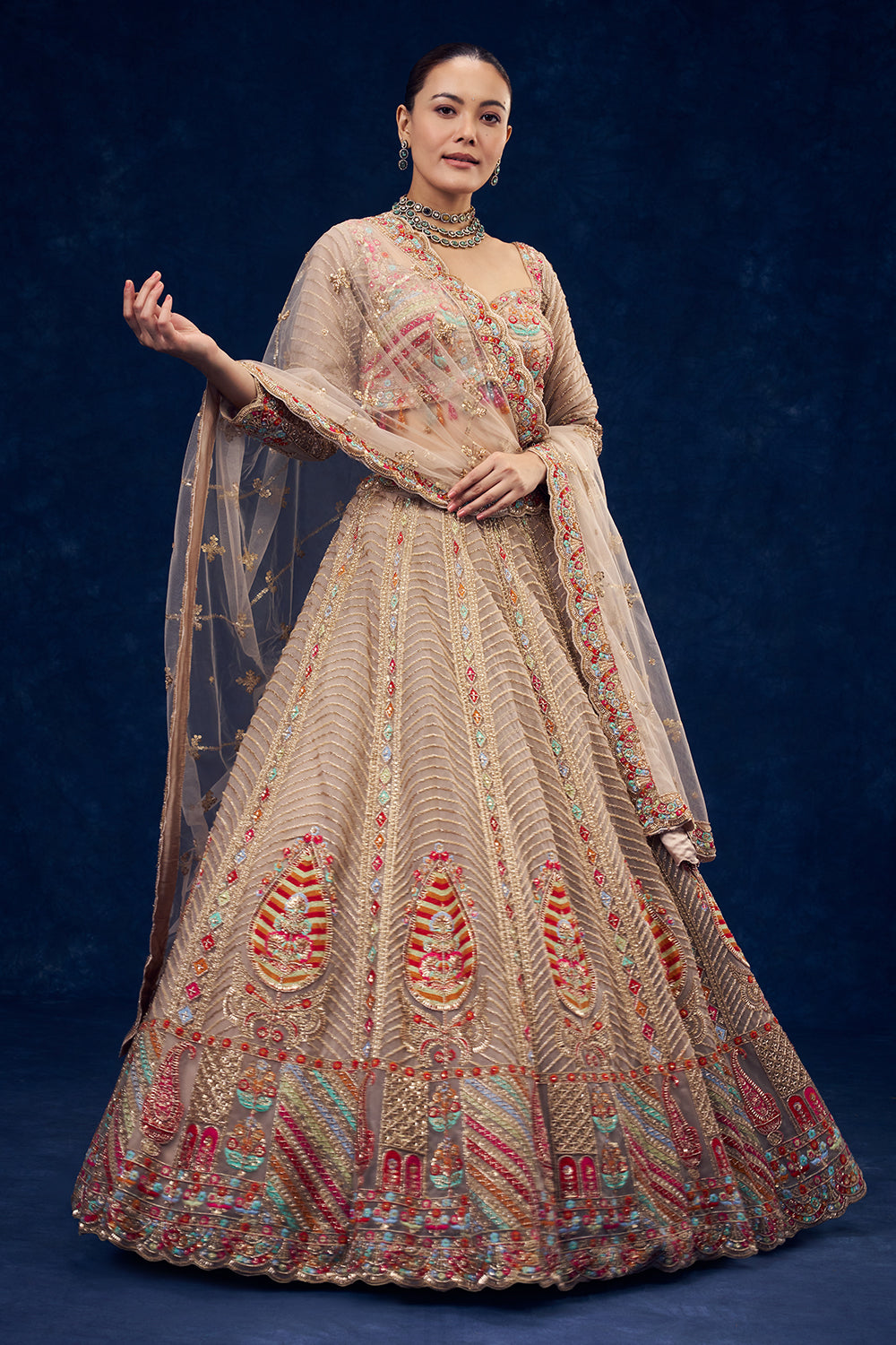 Beige Net Lehenga with Resham and Cutdana Hand Work