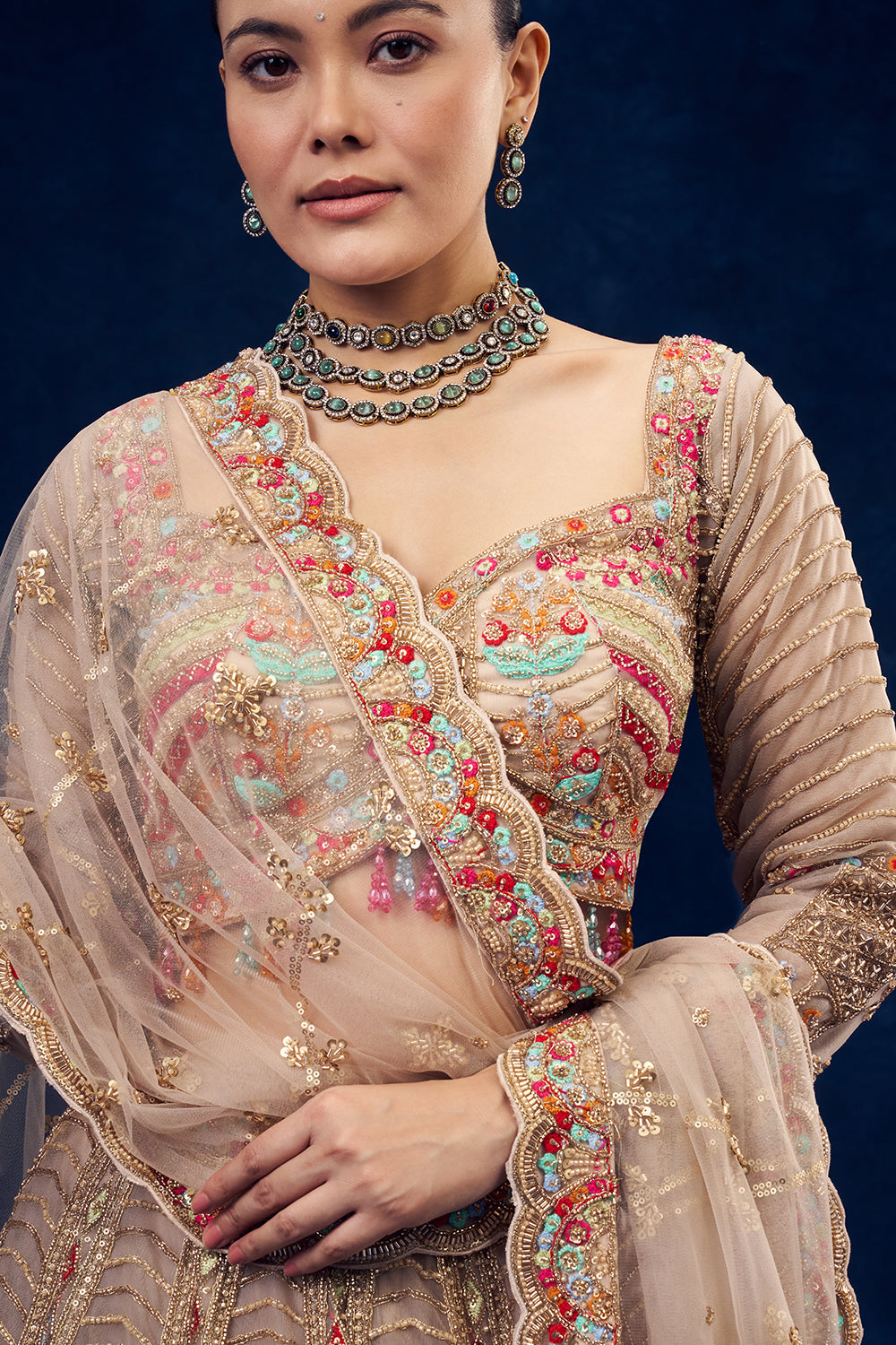 Beige Net Lehenga with Resham and Cutdana Hand Work