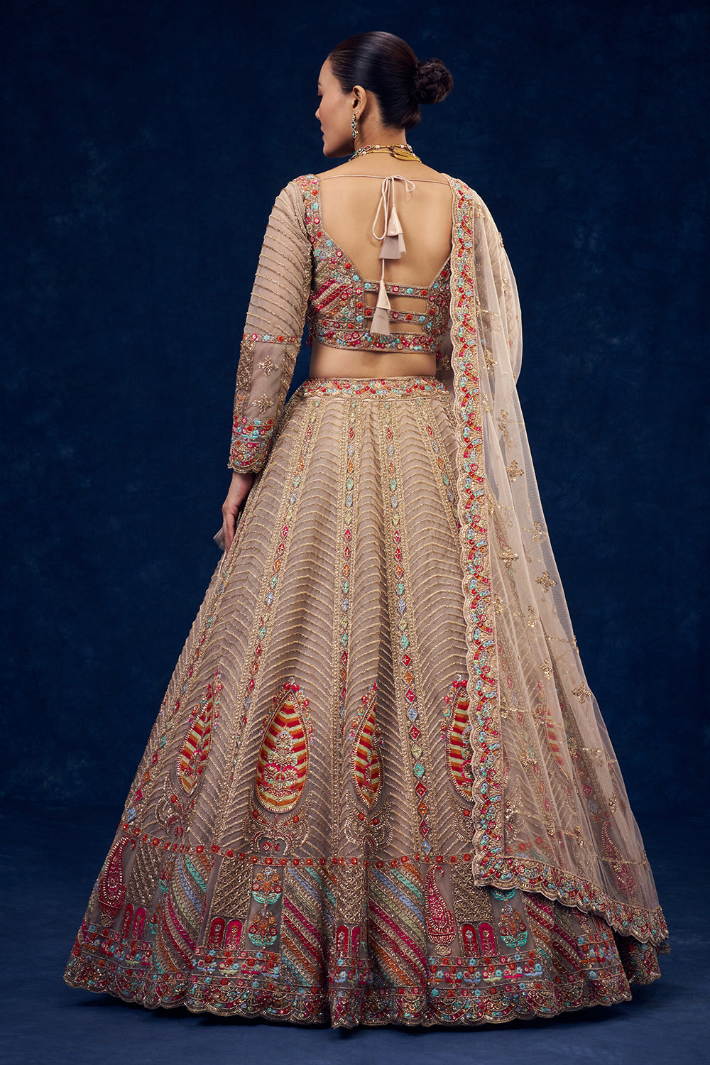 Beige Net Lehenga with Resham and Cutdana Hand Work