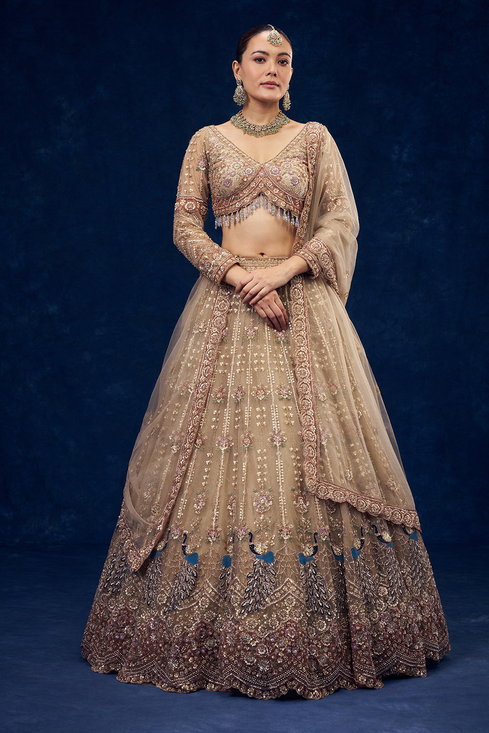 Beige Net Lehenga with Sequins and Resham Embroidery