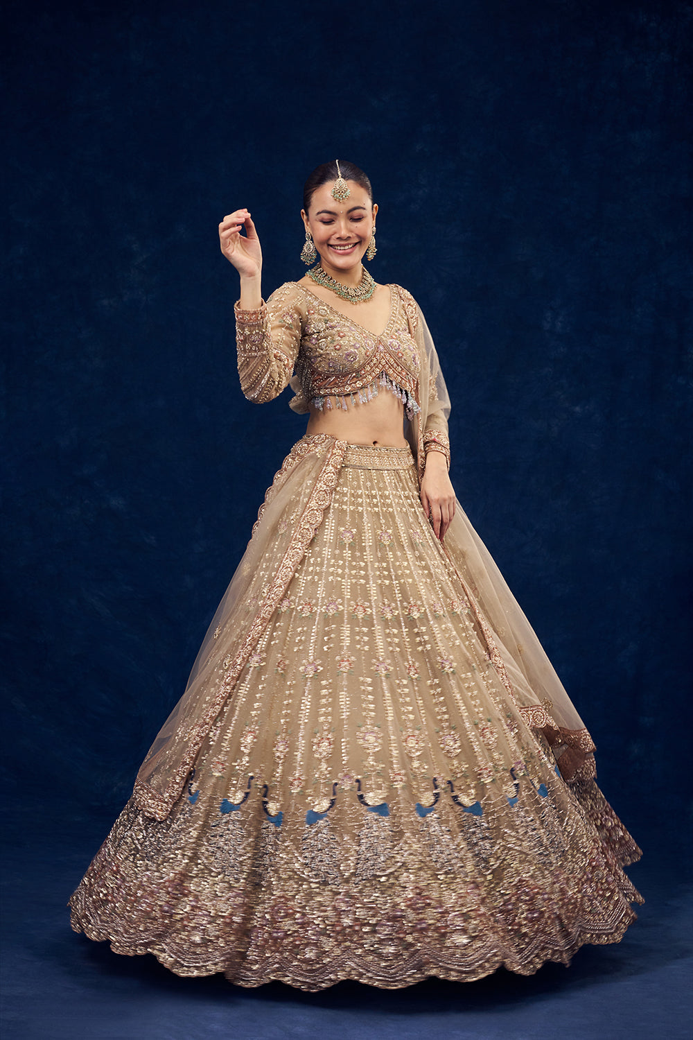 Beige Net Lehenga with Sequins and Resham Embroidery