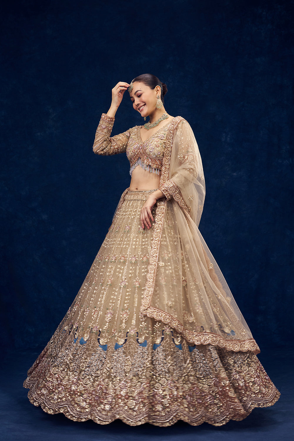 Beige Net Lehenga with Sequins and Resham Embroidery
