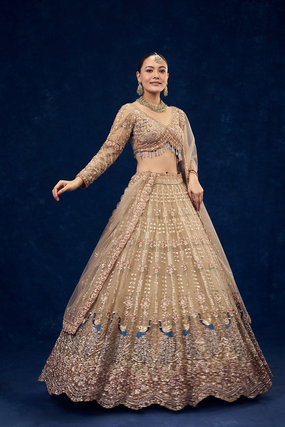 Beige Net Lehenga with Sequins and Resham Embroidery