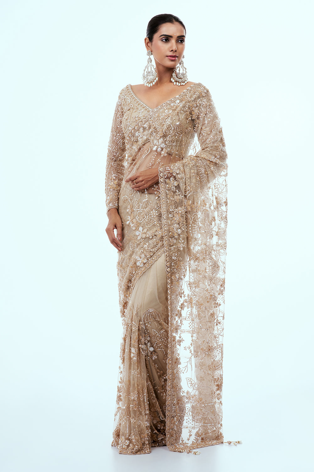 Beige Net Saree with Sequin Work