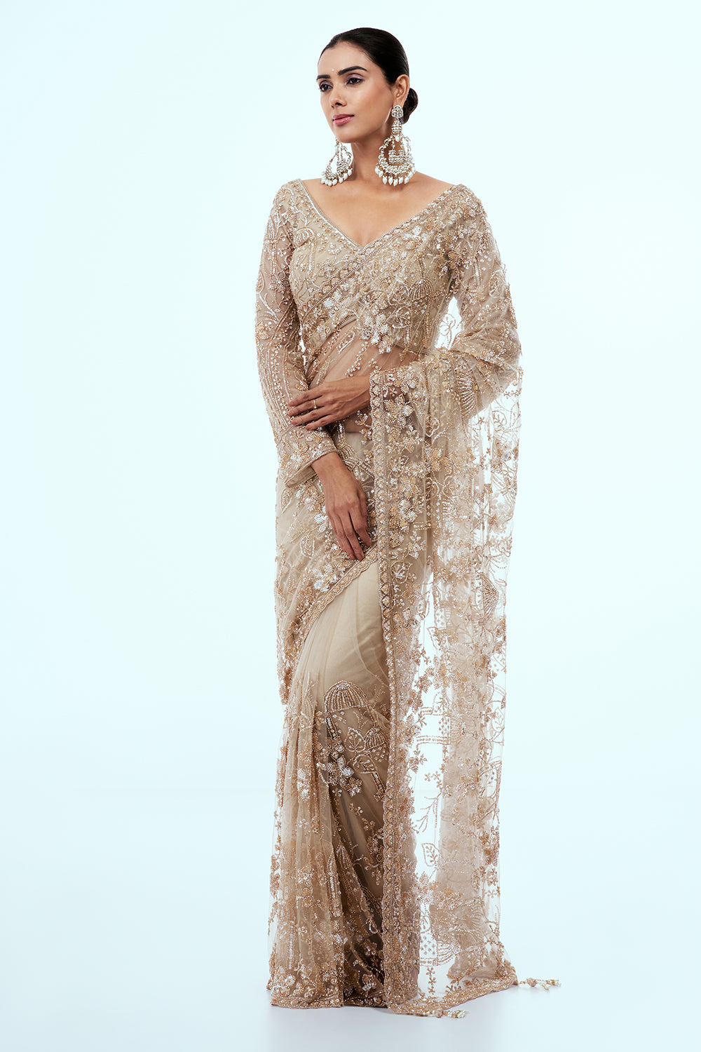 Beige Net Saree with Sequin Work