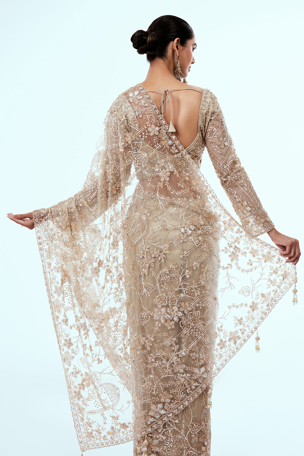 Beige Net Saree with Sequin Work