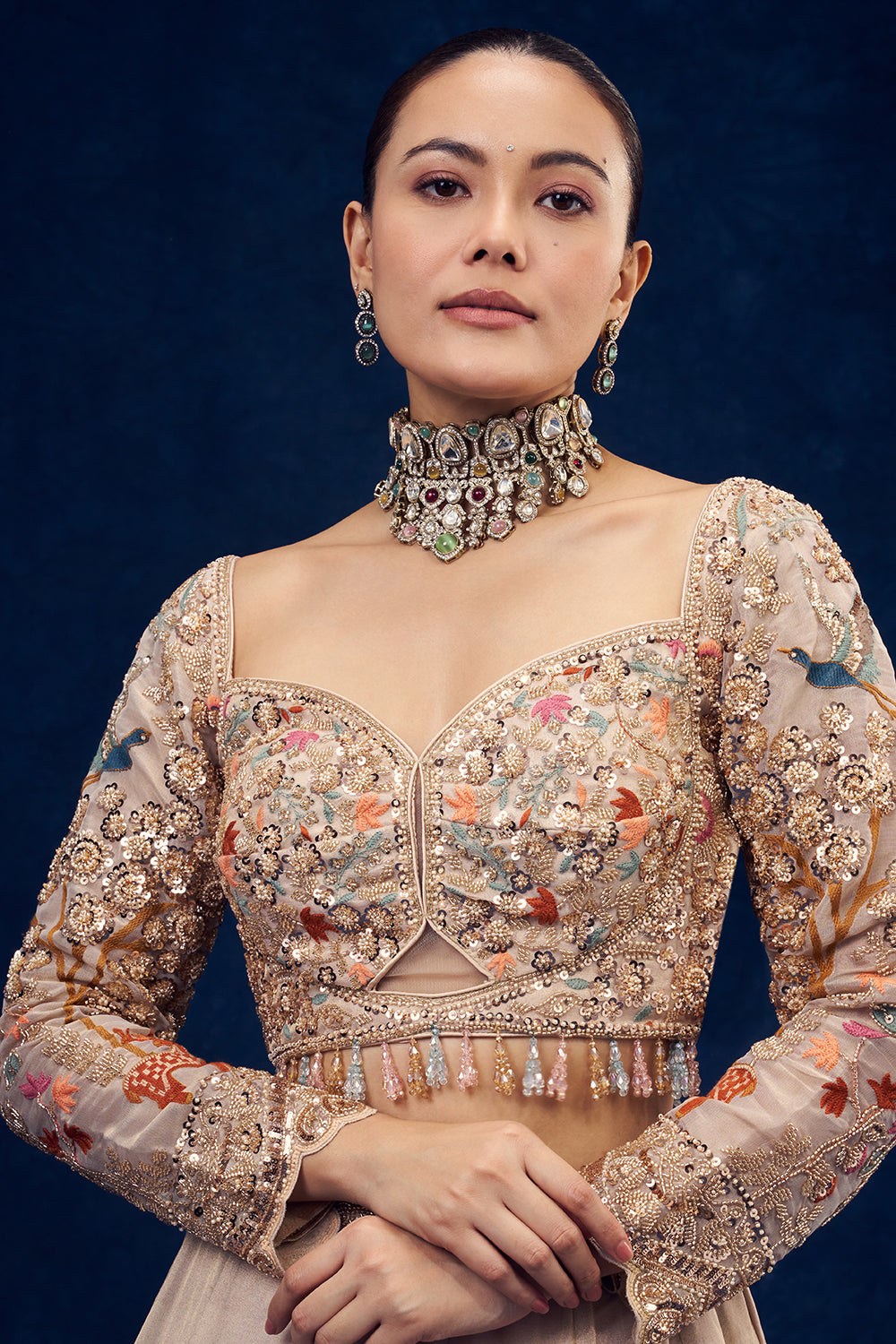 Beige Organza Lehenga with Forest Inspired Motifs and Resham Embroidery