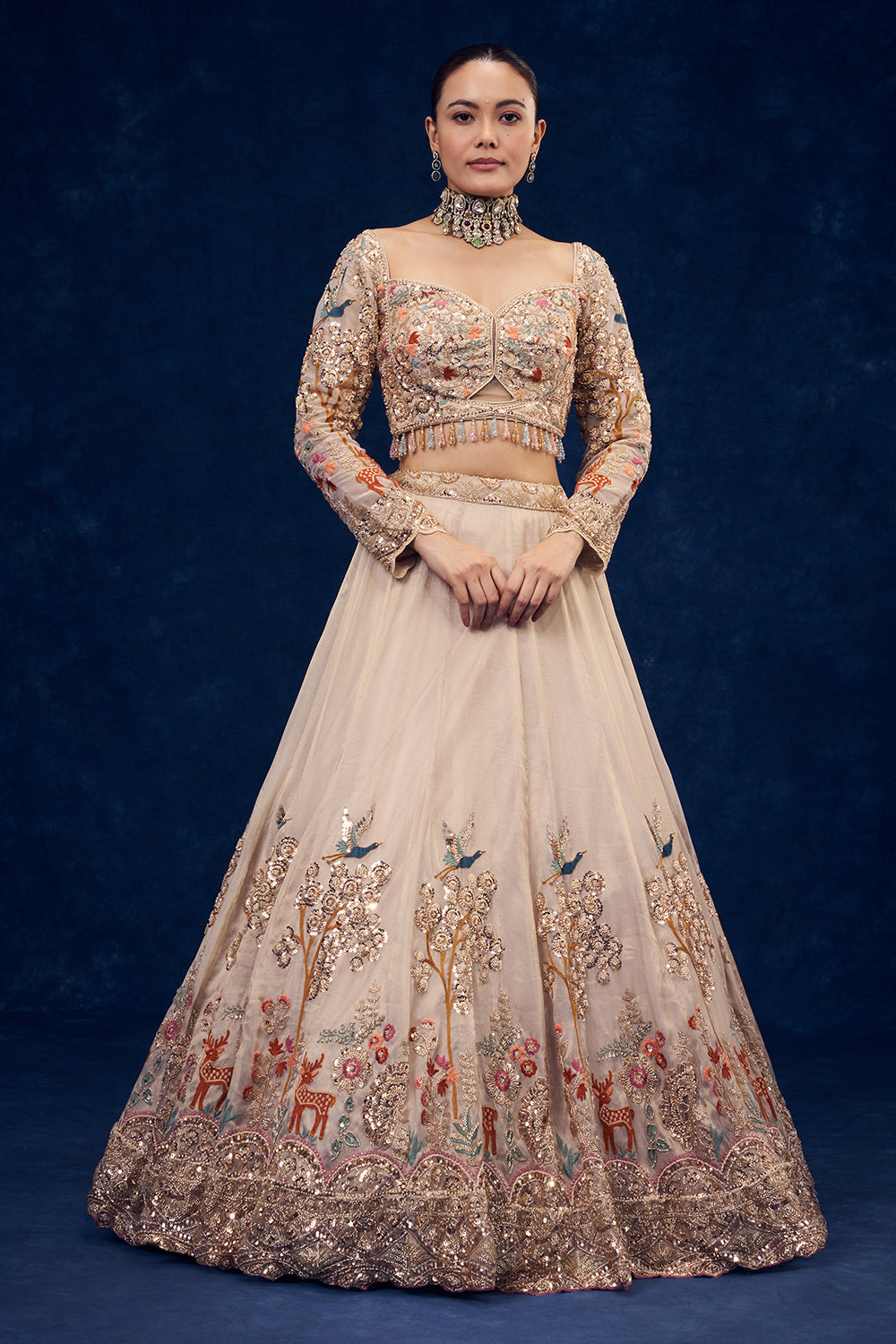 Beige Organza Lehenga with Forest Inspired Motifs and Resham Embroidery