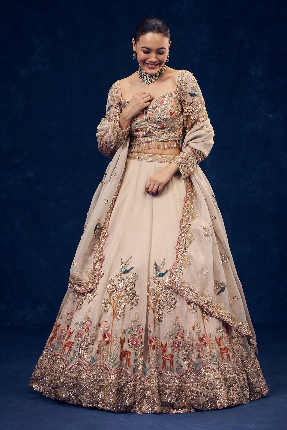 Beige Organza Lehenga with Forest Inspired Motifs and Resham Embroidery