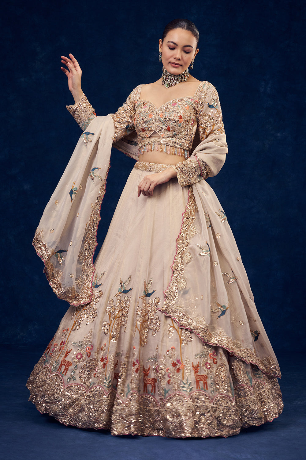 Beige Organza Lehenga with Forest Inspired Motifs and Resham Embroidery