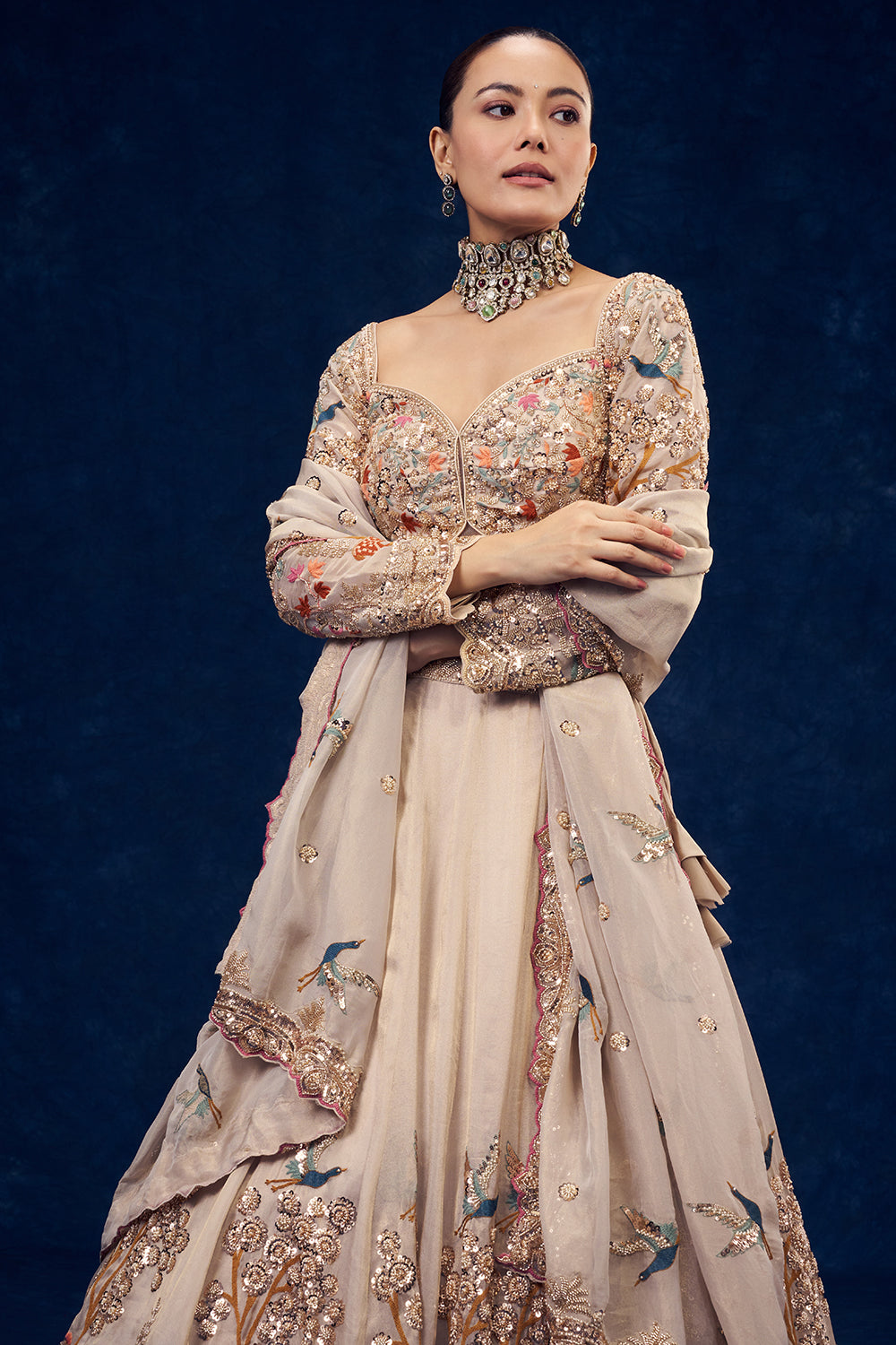 Beige Organza Lehenga with Forest Inspired Motifs and Resham Embroidery
