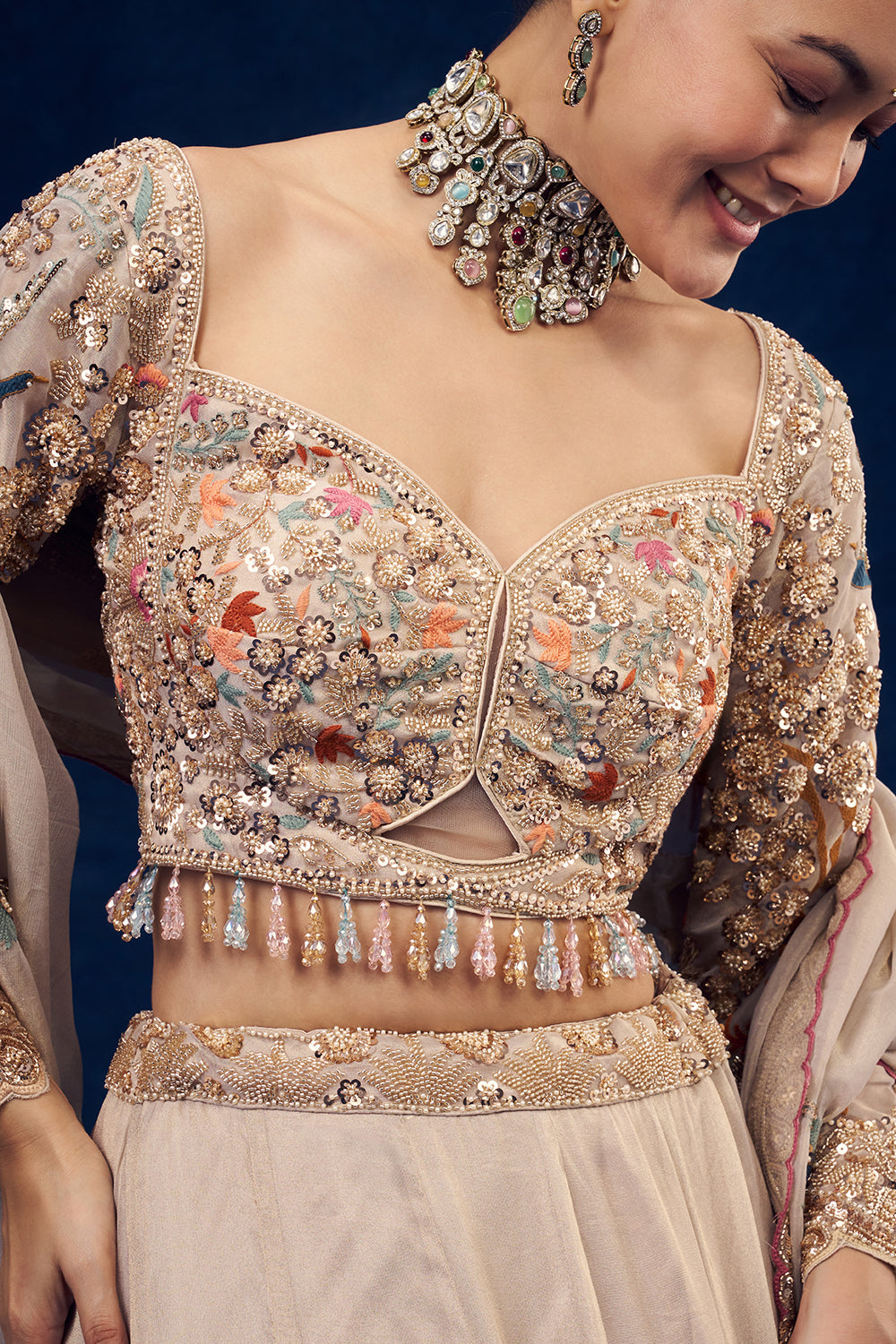 Beige Organza Lehenga with Forest Inspired Motifs and Resham Embroidery