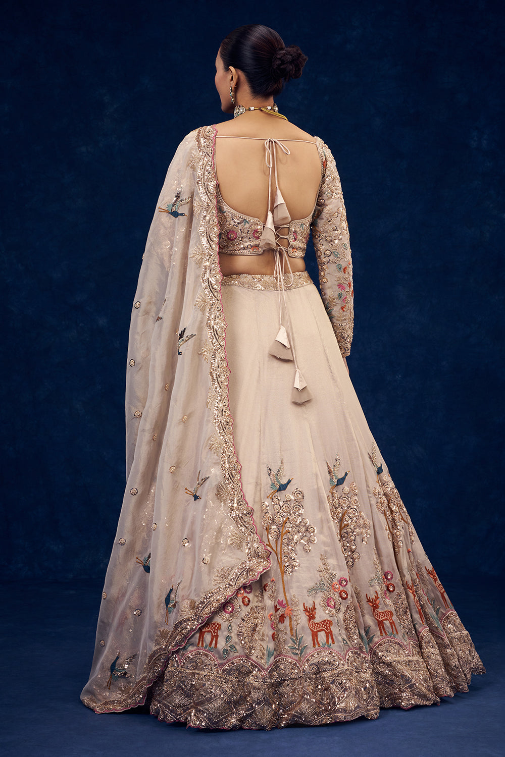 Beige Organza Lehenga with Forest Inspired Motifs and Resham Embroidery